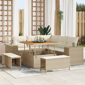 Conjunto de Sofás de Jardín de 8 Piezas con Almohadas Beige de Ratán Poliéster Acacia de , Sofás de exterior - Ref: Foro24-33...