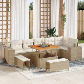 Juego de Sofá de Jardín de 9 Piezas con Cojines Beige Poliratán