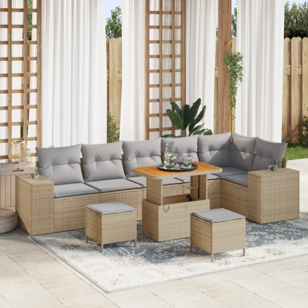 Juego de Sofá de Jardín de 9 Piezas con Cojines Poliratán Beige Acacia de , Sofás de exterior - Ref: Foro24-3363977, Precio: ...
