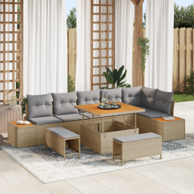 Juego de Sofás de Jardín de 9 Piezas con Cojines Beige Poliratan Acacia de , Sofás de exterior - Ref: Foro24-3364877, Precio:...