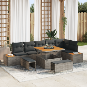 Juego de Sofás de Jardín de 9 piezas con Cojines Gris Ratán Polímero Acacia de , Sofás de exterior - Ref: Foro24-3364878, Pre...