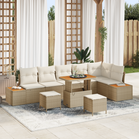 Juego de Sofá de Jardín  de 9 Piezas con Cojines Beige Ratán Poliéster Acacia | Foro24.es | Tu tienda online para hogar, jardín y más Foro24.es