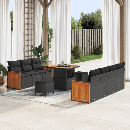 Conjunto de Sofá de Jardín de 10 Piezas con Cojines Poliratán Negro Acacia de , Sofás de exterior - Ref: Foro24-3365214, Prec...