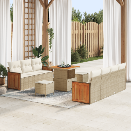 Juego de Sofá de Jardín de 10 Piezas con Cojines Beige Ratán Poliéster Acacia | Foro24.es | Tu tienda online para hogar, jardín y más Foro24.es