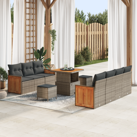 Juego de Sofá de Jardín  de 10 piezas con Cojines Gris Poliratán Acacia | Foro24.es | Tu tienda online para hogar, jardín y más Foro24.es