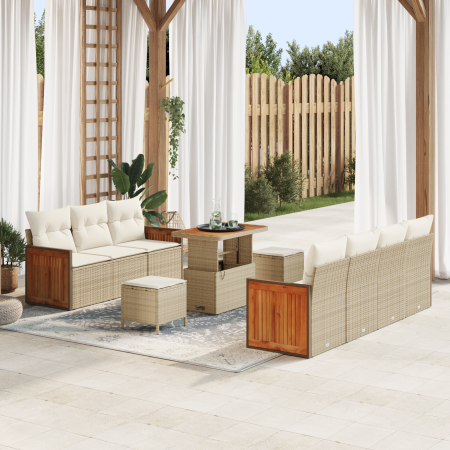 Juego de Sofá de Jardín de 10 Piezas con Cojines Beige de Ratán Polimerizado Acacia | Foro24.es | Tu tienda online para hogar, jardín y más Foro24.es