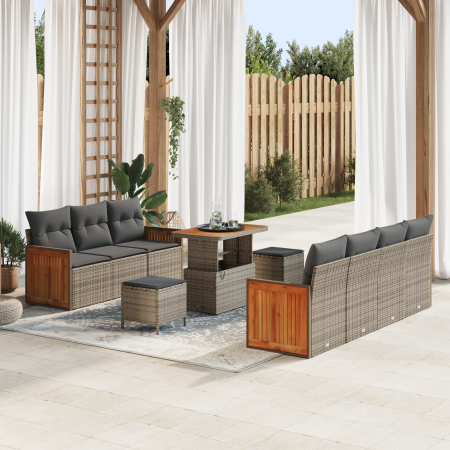 Juego de Sofá de Jardín de 10 Piezas con Cojines Gris Ratán Polimérico Acacia | Foro24.es | Tu tienda online para hogar, jardín y más Foro24.es