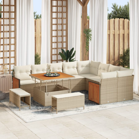 Juego de Sofá de Jardín de 12 Piezas con Cojines Beige Ratán Poliéster Acacia | Foro24.es | Tu tienda online para hogar, jardín y más Foro24.es