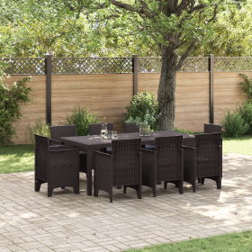 Set de Comedor de Jardín de 9 Piezas con Cojines Marrón Poliratán