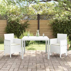 Juego de Comedor de Jardín de 3 Piezas con Cojines Blanco Poliratán