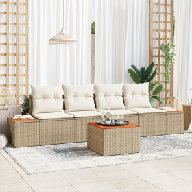 Juego de Sofá de Jardín de 5 Piezas con Cojines Beige Poliratán