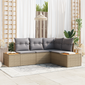 Juego de Sofá de Jardín de 4 Piezas con Cojines Beige Ratán Poli Acacia de , Sofás de exterior - Ref: Foro24-3356745, Precio:...