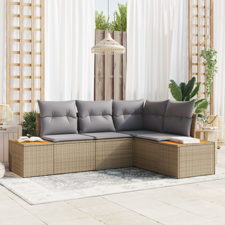 Juego de Sofá de Jardín de 4 Piezas con Cojines Beige Ratán Poli Acacia de , Sofás de exterior - Ref: Foro24-3356745, Precio:...