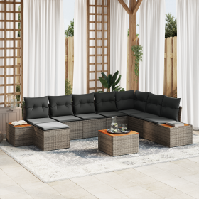 Conjunto de Sofá de Jardín de 9 Piezas con Cojines Gris Ratán Poliéster Acacia de , Sofás de exterior - Ref: Foro24-3356819, ...