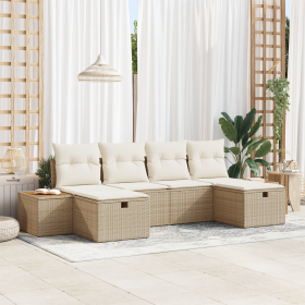 Set de Sofá de Jardín de 6 Piezas con Cojines Beige Poliratán