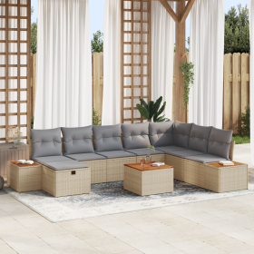 Juego de Sofá de Jardín de 9 Piezas con Cojines Beige de Ratán Poliéster de , Sofás de exterior - Ref: Foro24-3360994, Precio...