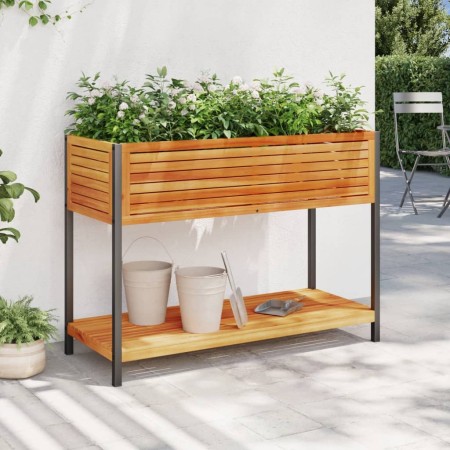Jardinera con estante madera maciza acacia y acero 110x45x80 cm