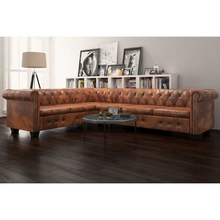 Sofá de esquina Chesterfield 6 plazas cuero artificial marrón | Foro24.es | Tu tienda online para hogar, jardín y más Foro24.es