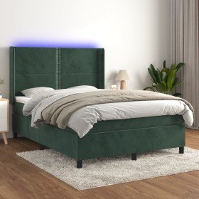 Cama box spring colchón y LED terciopelo verde oscuro 140x200cm en Camas y somieres | Comprar online en Foro24
