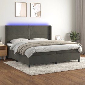 Cama box spring colchón y LED terciopelo gris oscuro 200x200 cm Cama box spring colchón y LED terciopelo gris oscuro 200x200 cm