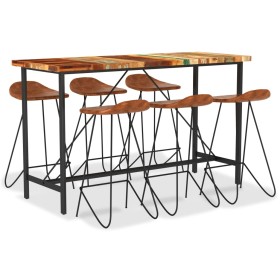 Muebles de bar 7 piezas madera maciza reciclada cuero auténtico