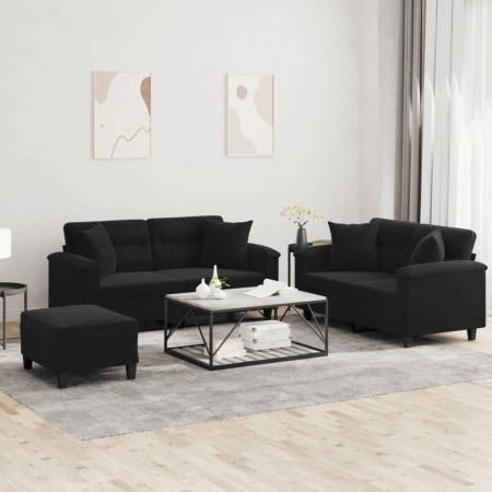 Juego de sofás con cojines 3 piezas tela microfibra negro