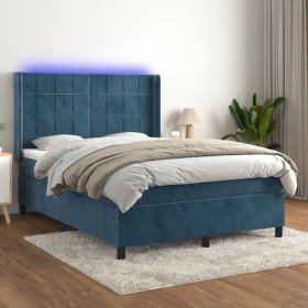 Cama box spring colchón y LED terciopelo azul oscuro 140x190 cm Cama box spring colchón y LED terciopelo azul oscuro 140x190 cm