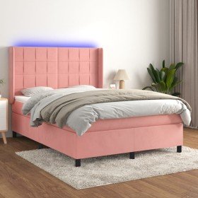 Cama box spring colchón y LED terciopelo rosa 140x190 cm Cama box spring colchón y LED terciopelo rosa 140x190 cm