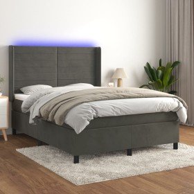 Cama box spring colchón y LED terciopelo gris oscuro 140x200 cm en Camas y somieres | Comprar online en Foro24