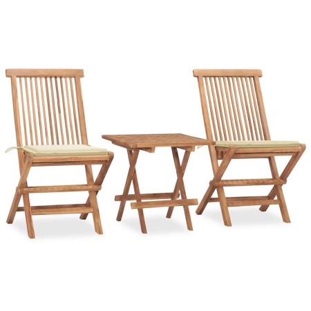 Set comedor de jardín plegable 3 piezas madera de teca cojines