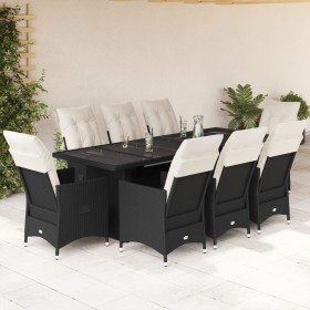 Set de mesa y sillas de jardín 9 pzas y cojines ratán PE negro