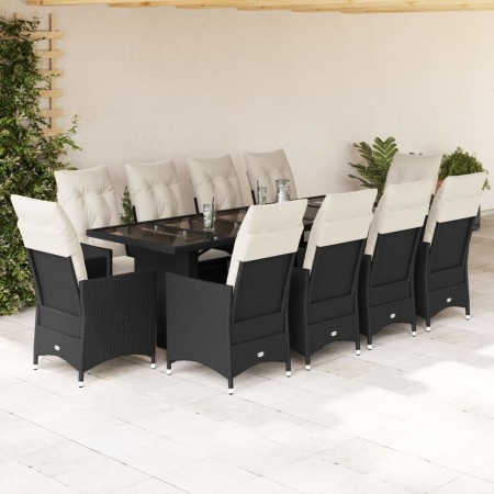 Set de mesa y sillas de jardín 11 pzas y cojines ratán PE negro