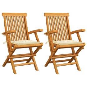 Sillas de jardín 2 uds madera teca con cojines color crema