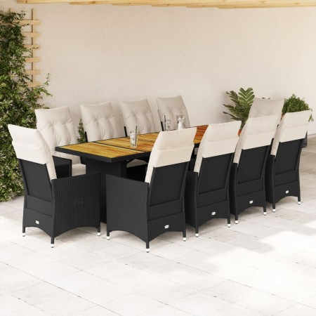 Set de mesa y sillas de jardín y cojines 11 pzas ratán PE negro