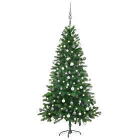 Árbol de Navidad preiluminado con luces y bolas verde 150 cm