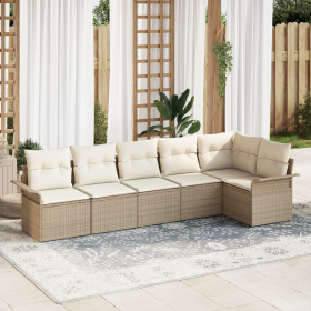 Set de Sofá de Jardín de 6 Piezas con Cojines Beige Poliratán