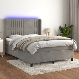 Cama box spring colchón y LED terciopelo gris claro 140x190 cm Cama box spring colchón y LED terciopelo gris claro 140x190 cm