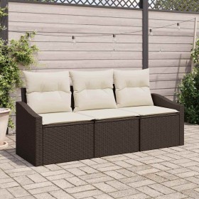 Conjunto de sofá de jardín 3 pcs Marrón Poliratán