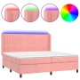Cama box spring colchón y LED terciopelo rosa 200x200 cm