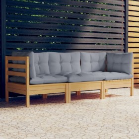 3-seater garden sofa with solid gray pine wood cushions by vidaXL, Outdoor sofas - Ref: Foro24-3096099, Price: 258,67 €, Disc...