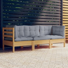 Sofá de jardín de 3 plazas con cojines madera maciza pino gris