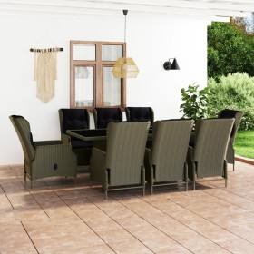 Set de comedor jardín 9 piezas cojines ratán sintético marrón