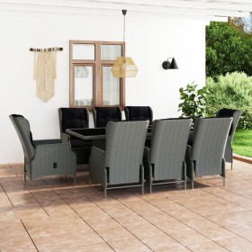 Set comedor jardín 9 pzas y cojines ratán sintético gris claro