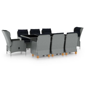 Set comedor jardín 9 pzas y cojines ratán sintético gris claro