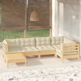 Muebles de jardín 6 pzas y cojines madera maciza de pino crema