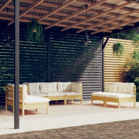 Muebles de jardín 7 pzas y cojines madera maciza de pino crema