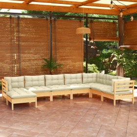 Muebles de jardín 8 pzas y cojines madera maciza de pino crema