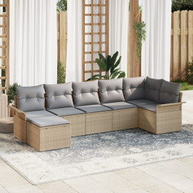 Juego de Sofá de Jardín de 7 Piezas con Cojines Beige de Ratán
