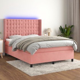 Cama box spring colchón y LED terciopelo rosa 140x190 cm Cama box spring colchón y LED terciopelo rosa 140x190 cm