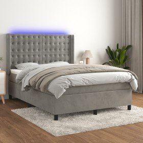 Cama box spring colchón y LED terciopelo gris claro 140x200 cm Cama box spring colchón y LED terciopelo gris claro 140x200 cm